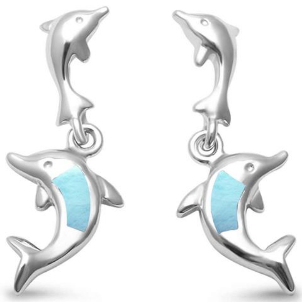 Natural Larimar Dolphin , 925 Sterling Silver Earr